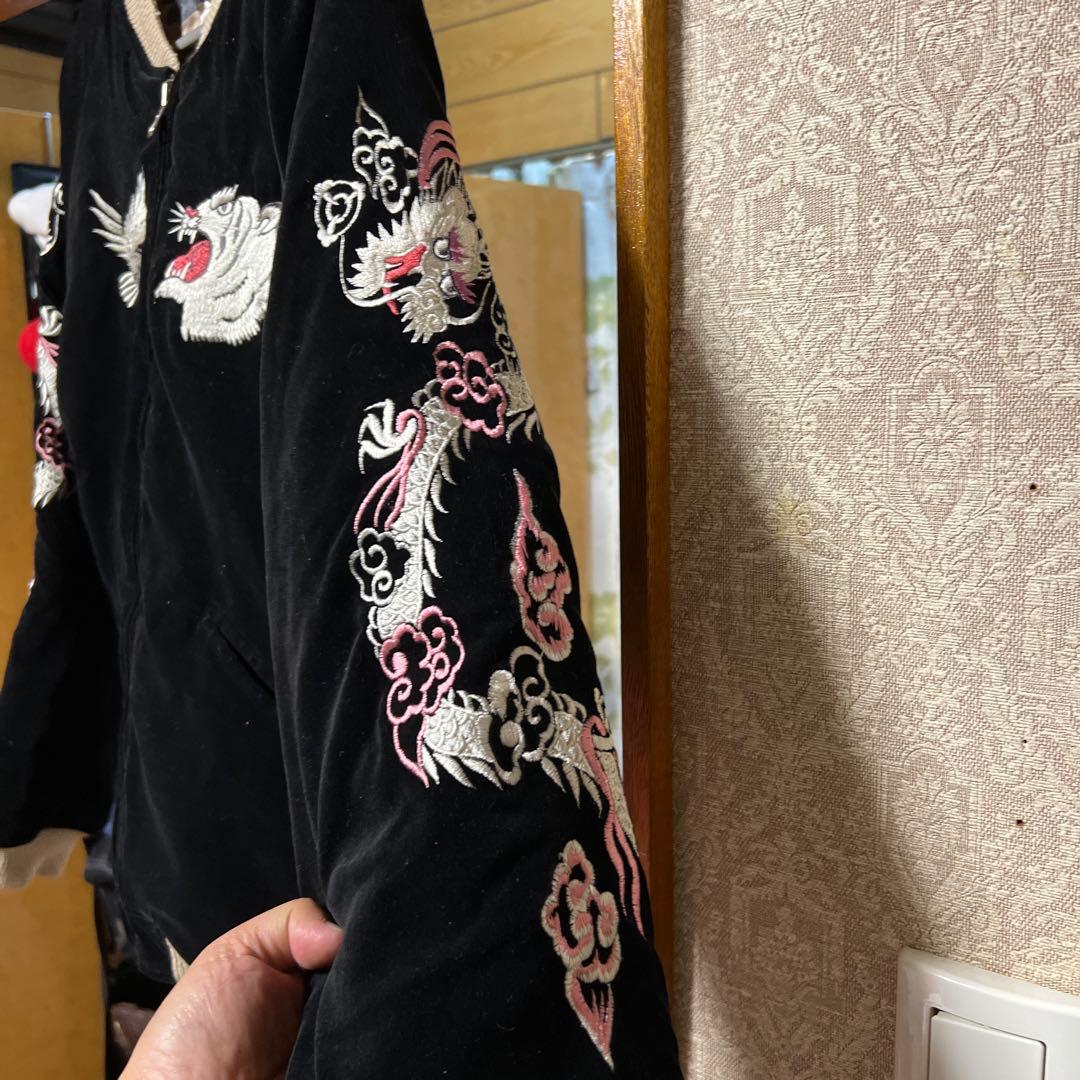 90's 別珍 スカジャン 黒 虎 鷹 龍 刺繍 リバーシブル 迷彩 M - メルカリ
