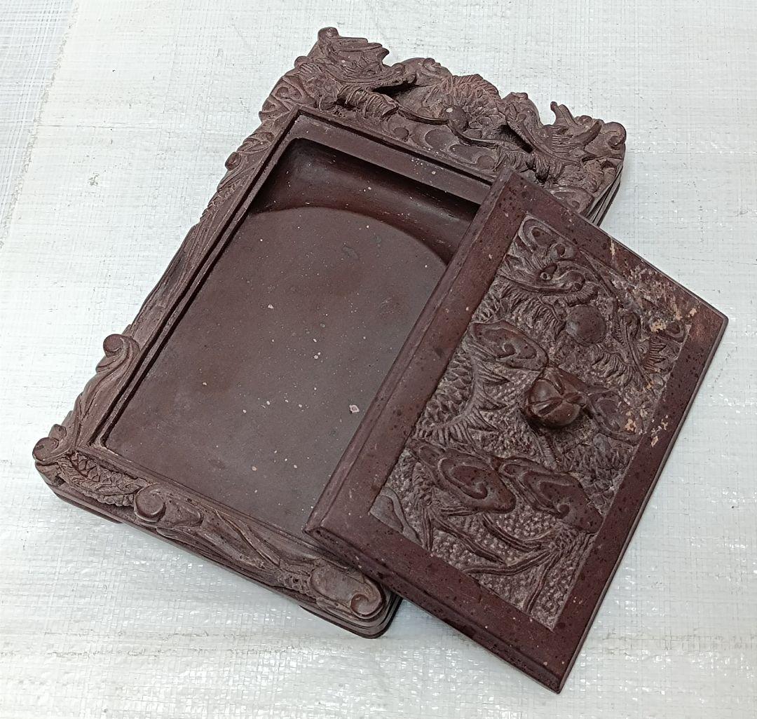骨董品　大硯　雲龍彫刻　蓋付　書道具　3.45kg 中古品