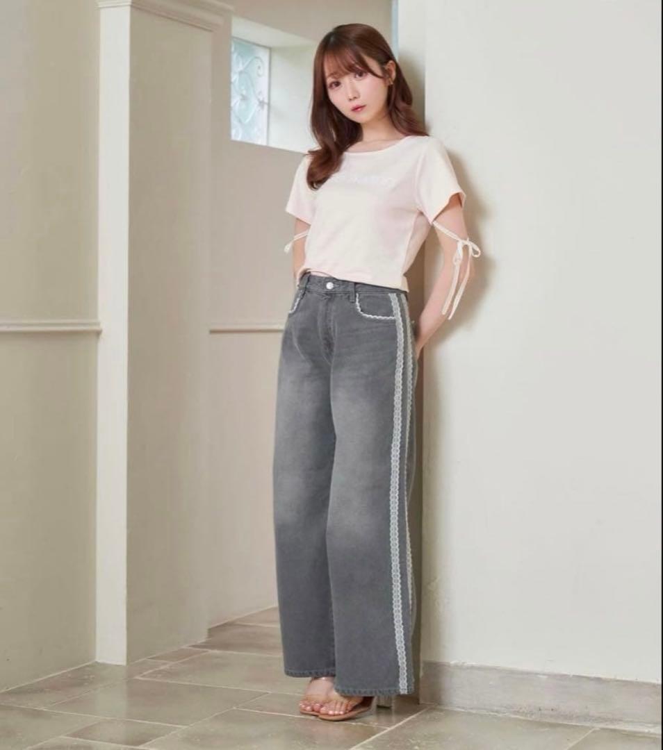 rosemuse ロゼミューズ グレー サイドストライプ デニムパンツ