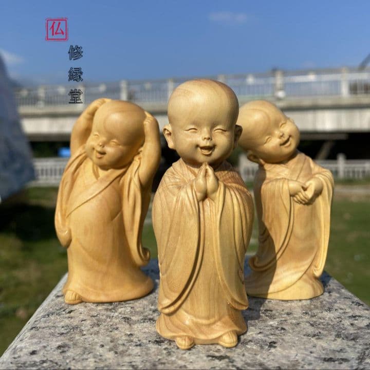 【修縁堂】高品質 小坊主 小和尚 置物 一式 禅の意 木彫り
