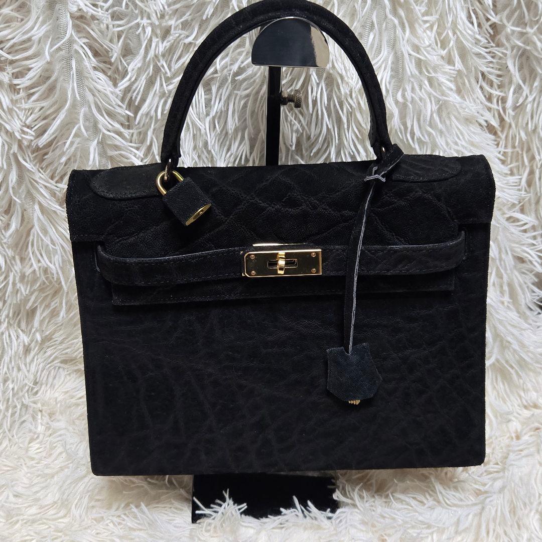 希少 エレファント レザー ブラック グレー 象 ハンドバッグ カデナ　ゴールド