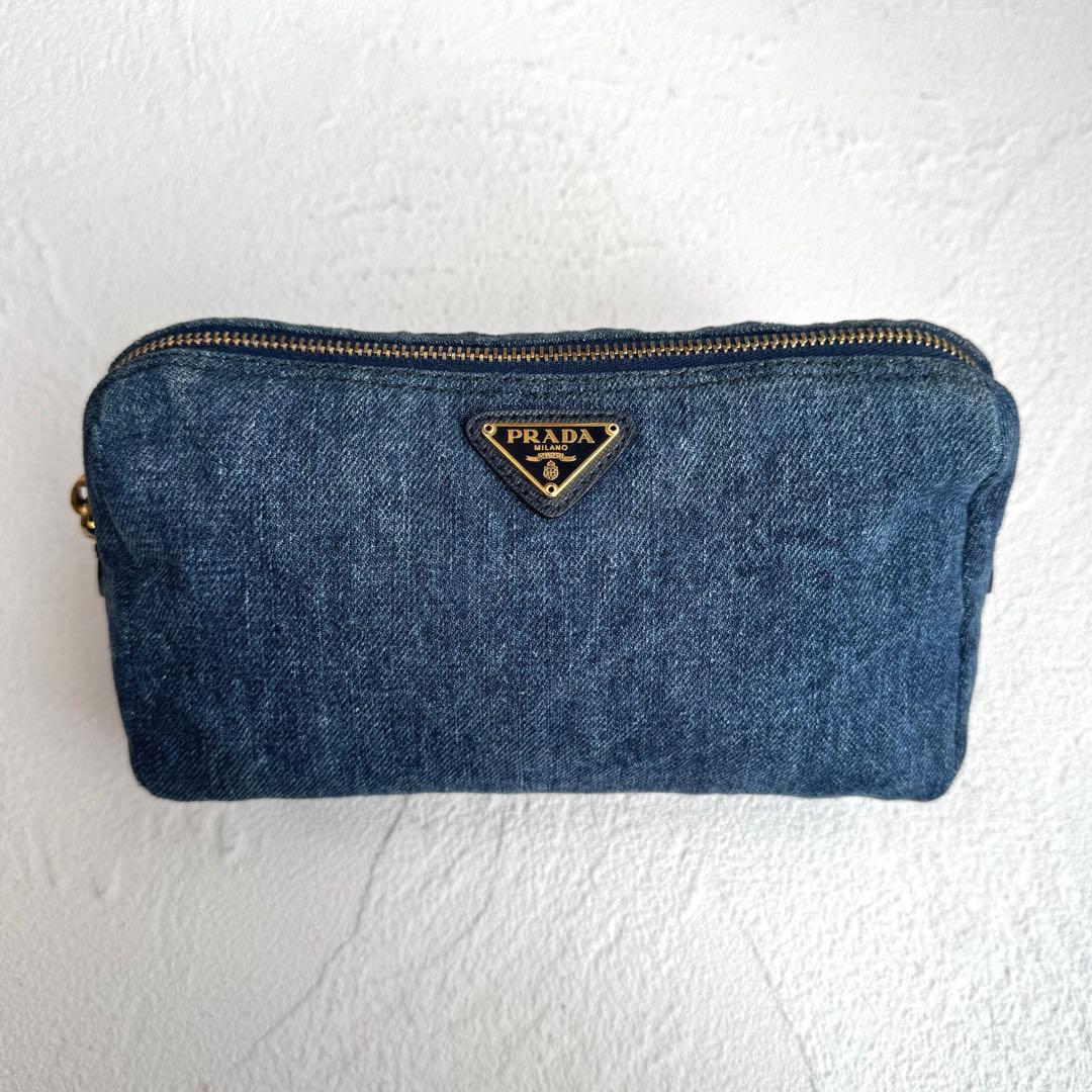 PRADA プラダ デニム ポーチ トライアングルロゴ コスメポーチ
