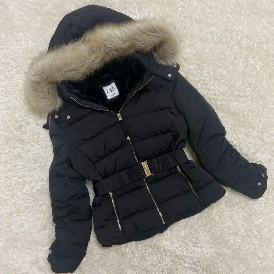 美品✨ZARA ザラ ファーダウンジャケット ベルト付き ボア ブラック L