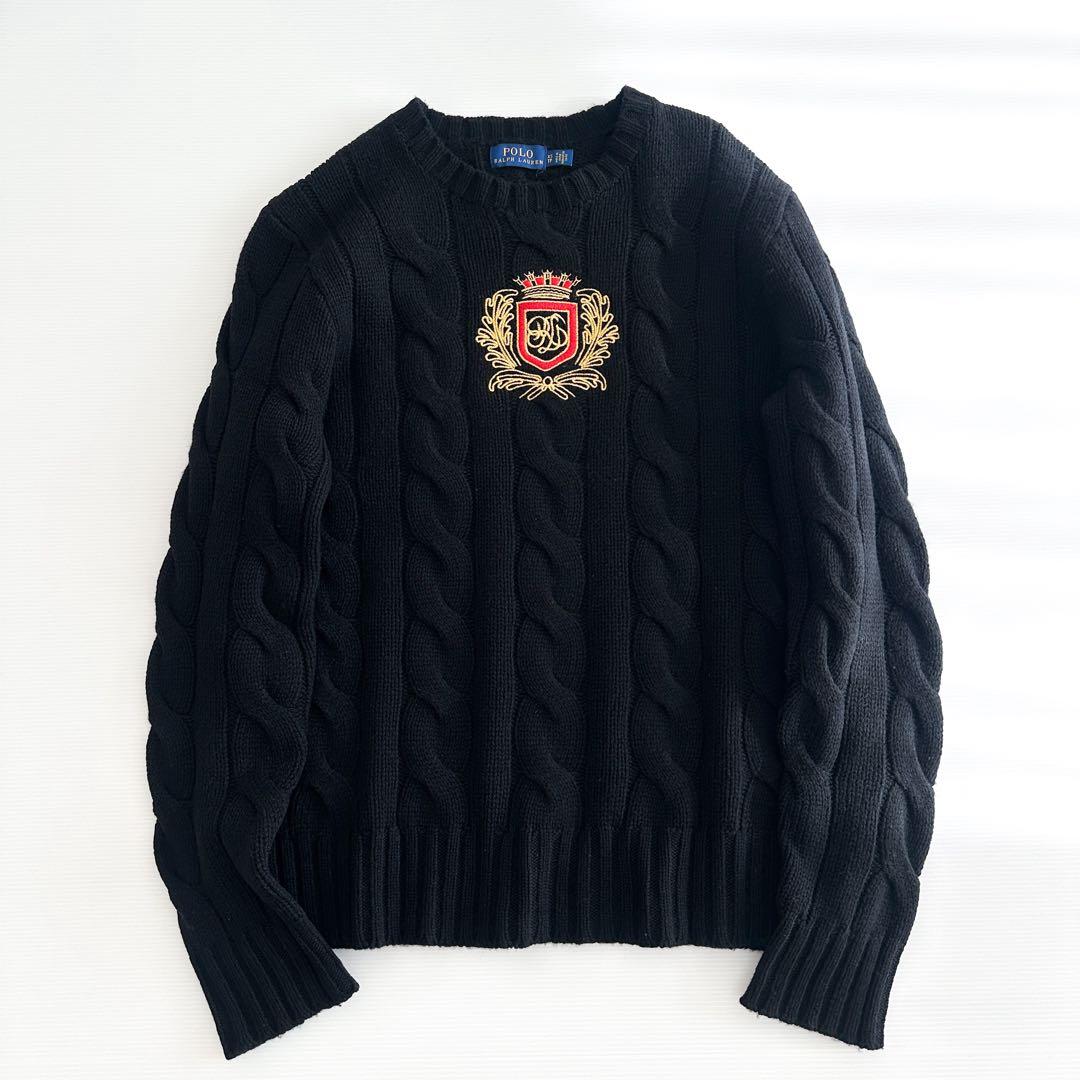 ラルフローレン / エンブレム刺繍 ケーブルニット セーター 黒 カシミヤ