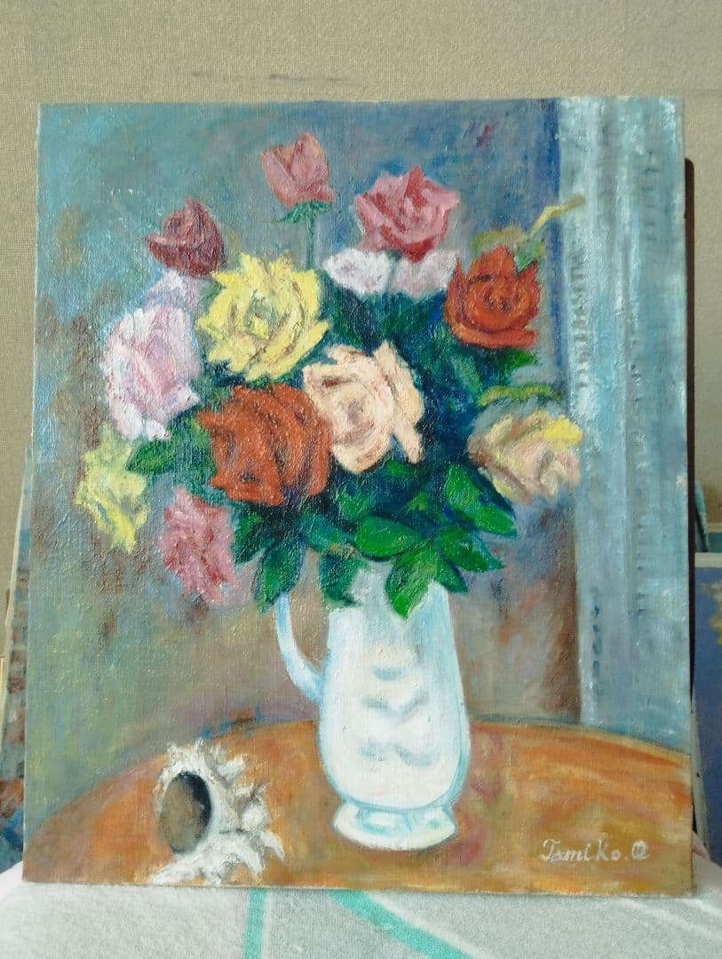 ※油絵・画家・尾形民子　バラの花束 油彩画 ※新品 楽天市場】「バラ」（ピンクの薔薇）谷口春彦（F3サイズ油彩画[油絵