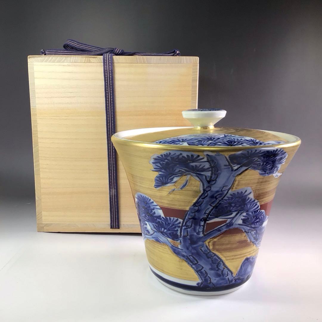 Ｒ２９６　水指　『在銘』『金地』『老松文』『末広水指』　木箱　茶道具