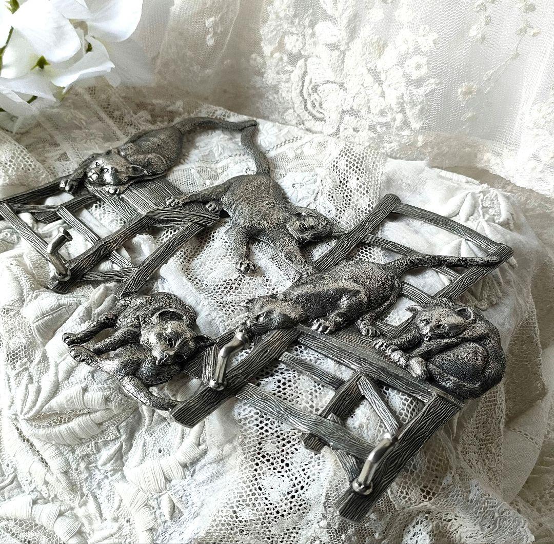 希少 フランスヴィンテージ 猫ちゃんフック ピューター アンティーク