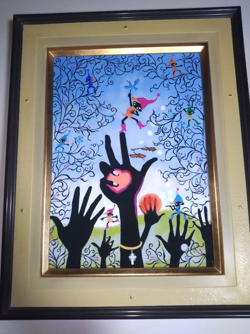 藤城清治、絵画、油彩4号こびとくんこの指とまれ新品額縁、肉筆、山下清。 藤城清治 「 生きるよろこび 」 リトグラフ 版画 絵画 影絵 猫 子供