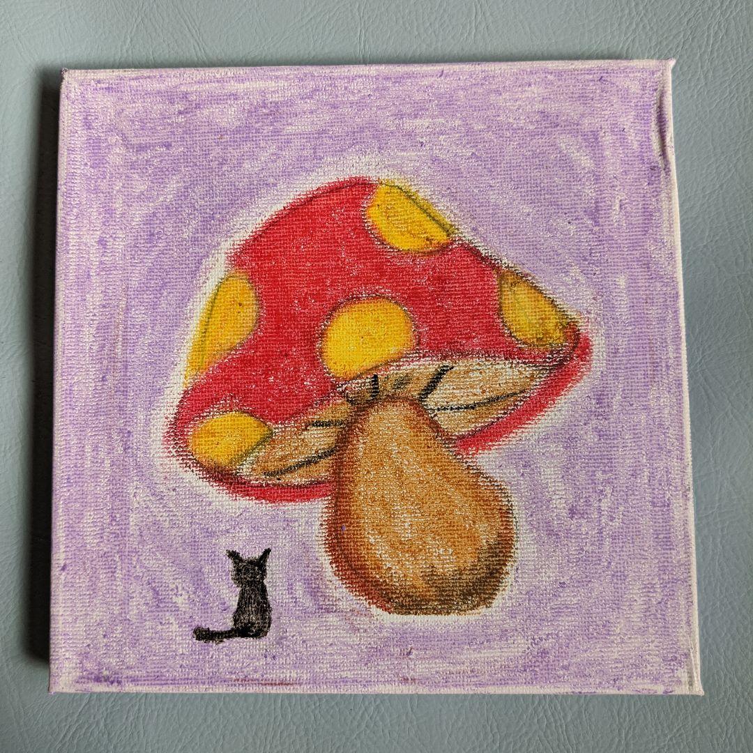 キャンバスアート【きのこにゃん】オイルパステル画