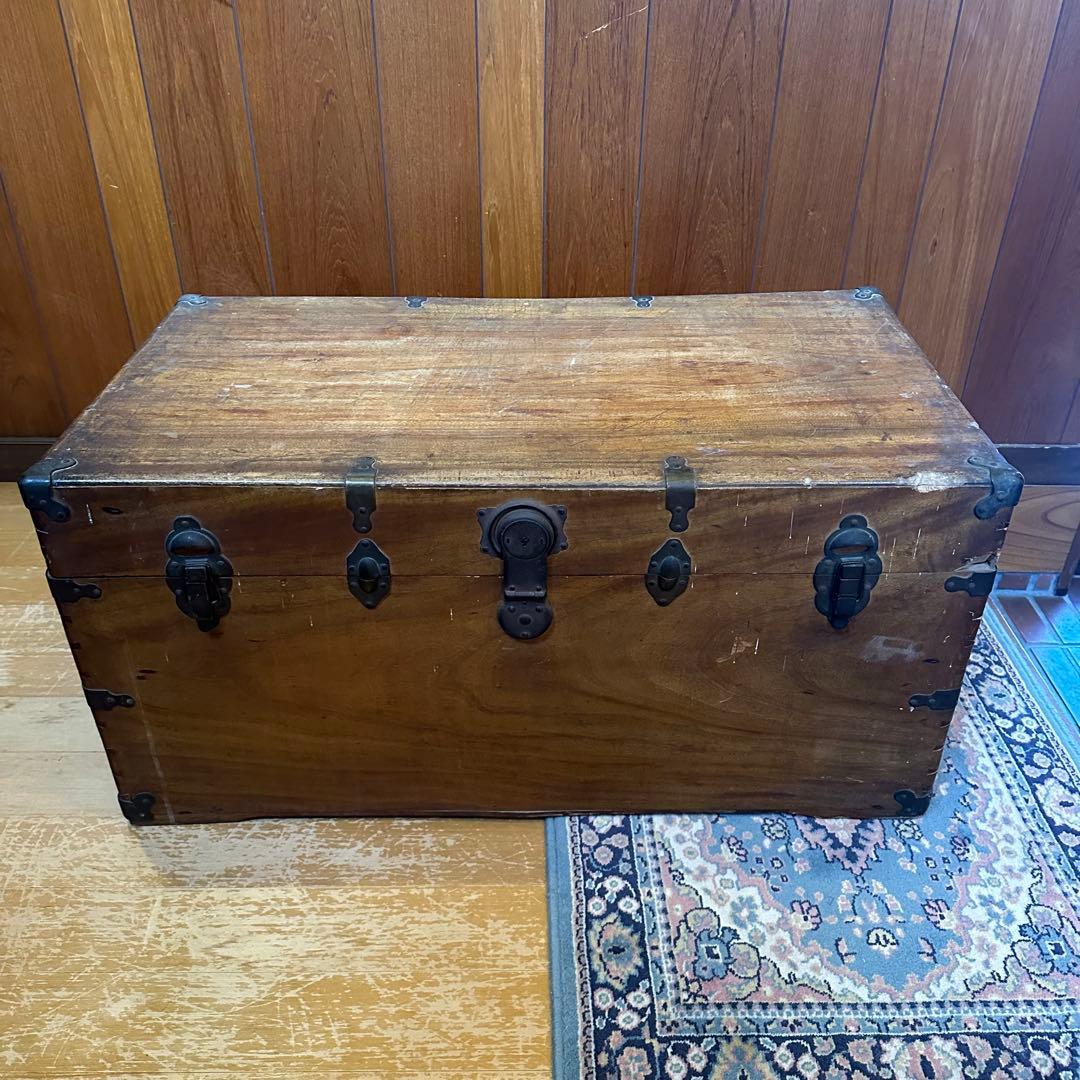 最終値下げ！アンティーク　木製トランクケース　長持　木箱 鍵付き トランク型 収納ボックス 大型 トランクボックス アンティーク