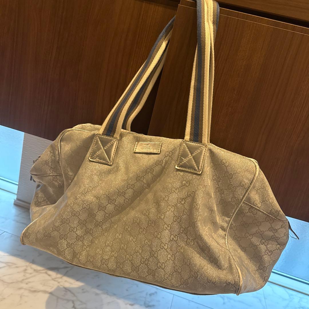 GUCCI シルバー ボストンバッグ グッチ ボルセット〕ラージ ボストンバッグ ・サンド＆ブラウン GG