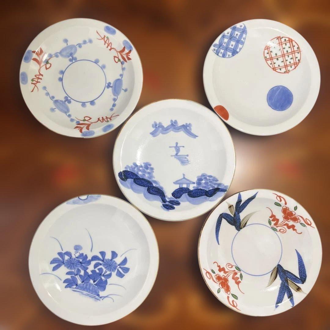 柄違い 小皿 プレート 山水図 菊秋草紋 赤江染錦 等 5枚セット 未使用