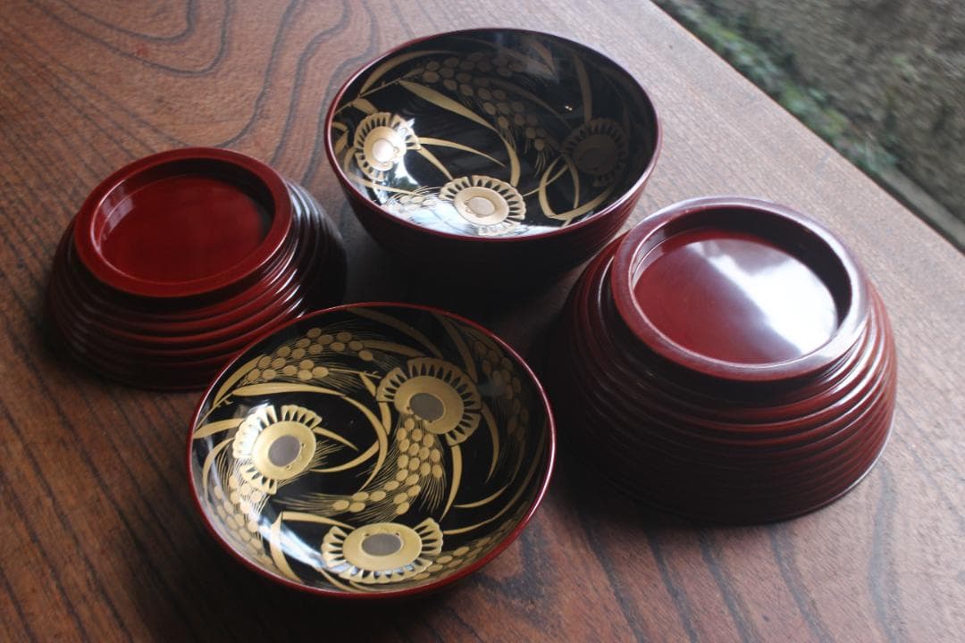 デッドストック！深みある糸目紅溜塗に極上稲穂福来雀蒔絵のお椀2