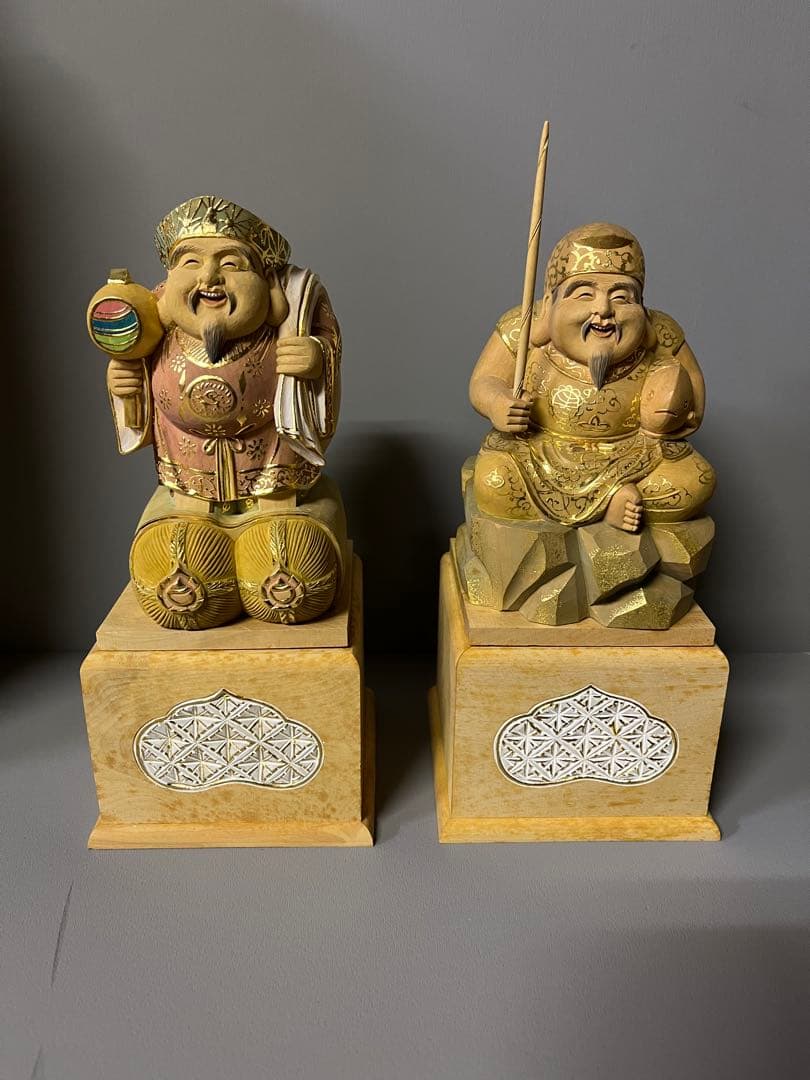 特別価格　恵比寿　大黒　セット　木彫り　彩色　手彫　柘植材　35