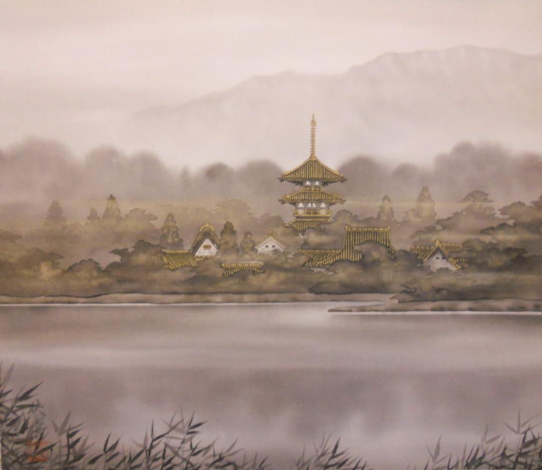 掛け軸 三輪映章 古都塔韻 絹本 希少 軸装 茶道具 掛軸 美品 です。