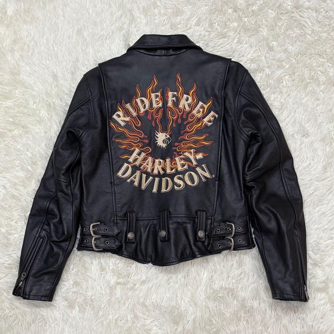 ハーレーダビッドソン　シングルライダースジャケット　S　ファイヤーパターン　刺繍 ハーレーダビッドソン シングルライダースジャケット S ファイヤー
