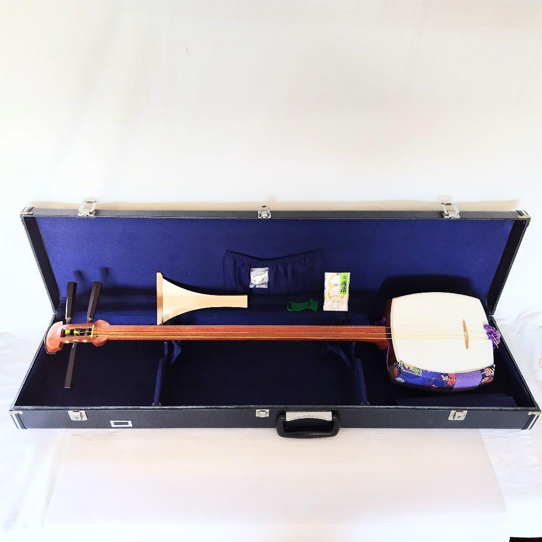 訳有り[破れ]三味線　花梨　民謡　長唄用　ハードケース付き 三味線ケース 新・600DPU撥水軽量長ケース（細棹・中棹三味線用/長唄