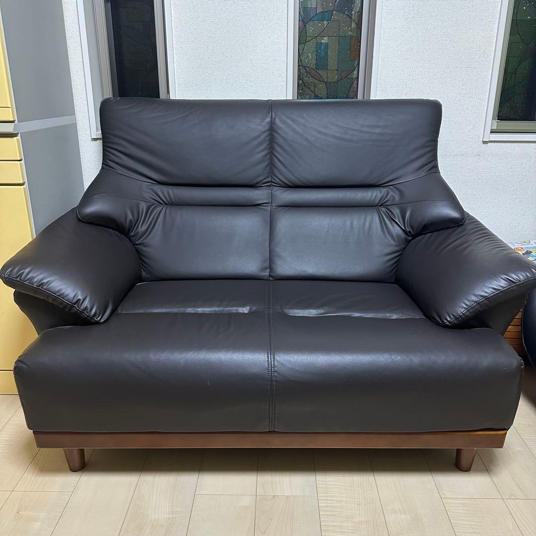 ダークブラウン 合成皮革 2人掛けソファ