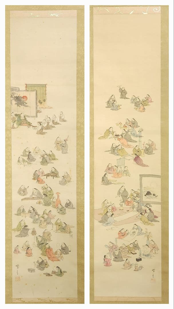 【お多福/百福年中行事図】土屋暁春 727 双幅 お福さん 正月 掛け軸　肉筆