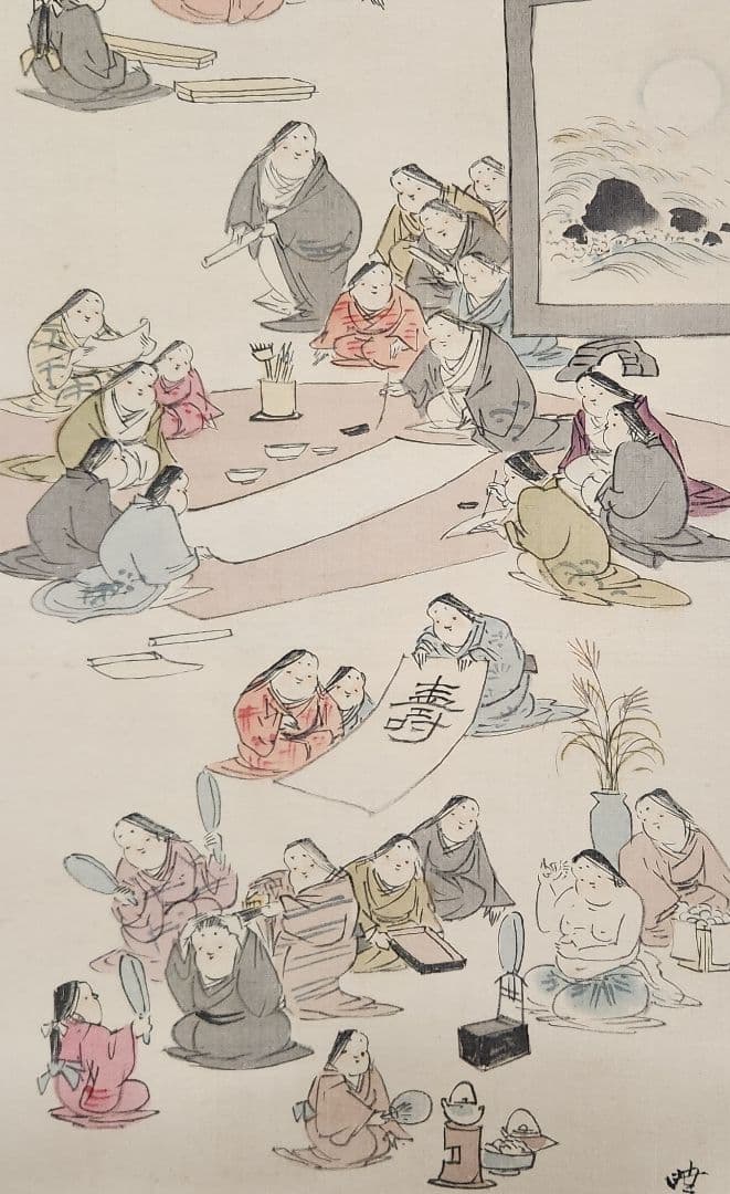 お多福/百福年中行事図】土屋暁春 727 双幅 お福さん 正月 掛け軸 肉筆