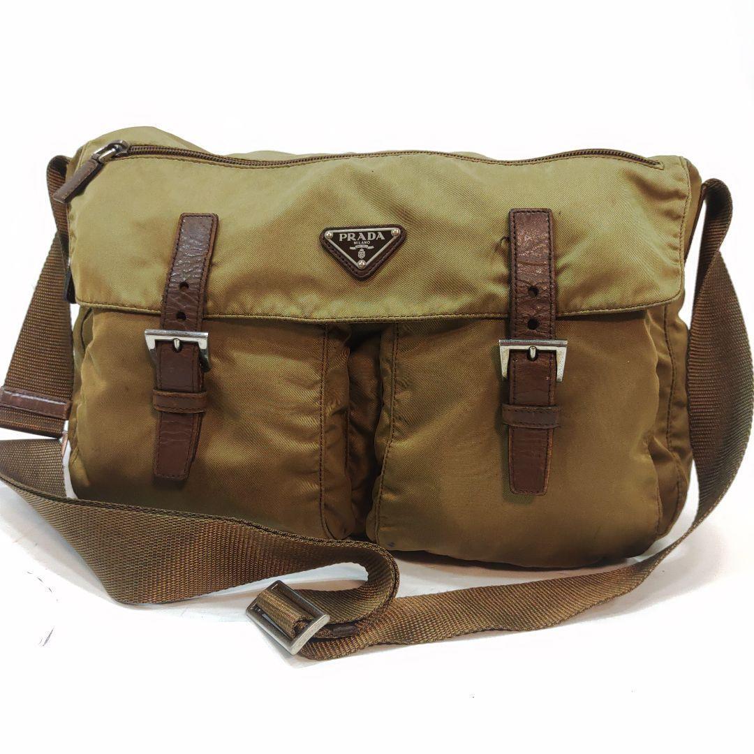 プラダ メッセンジャーバッグ レザー×ナイロン A4可 三角ロゴ ベージュ系