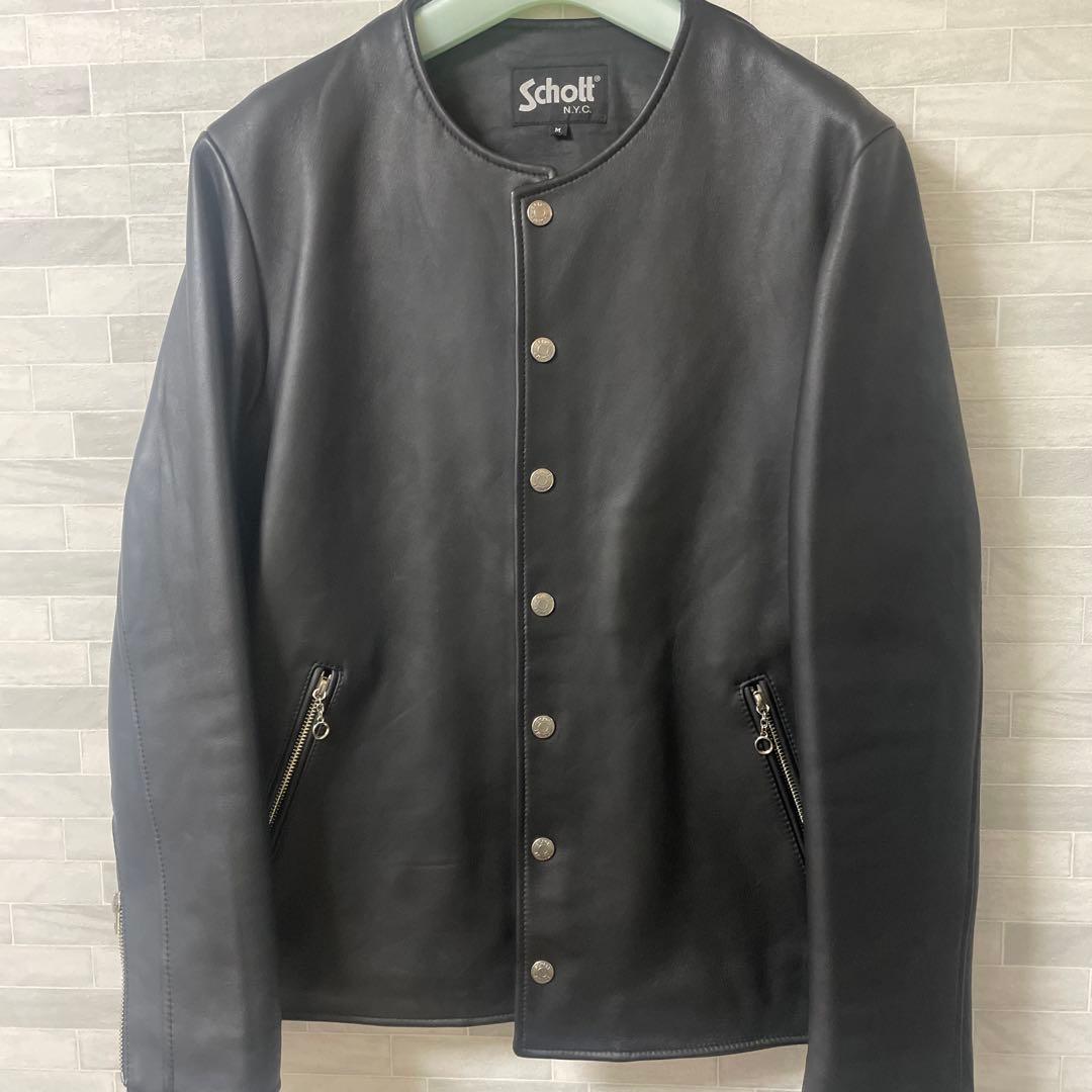 Schott ブラックノーカラーレザージャケット M