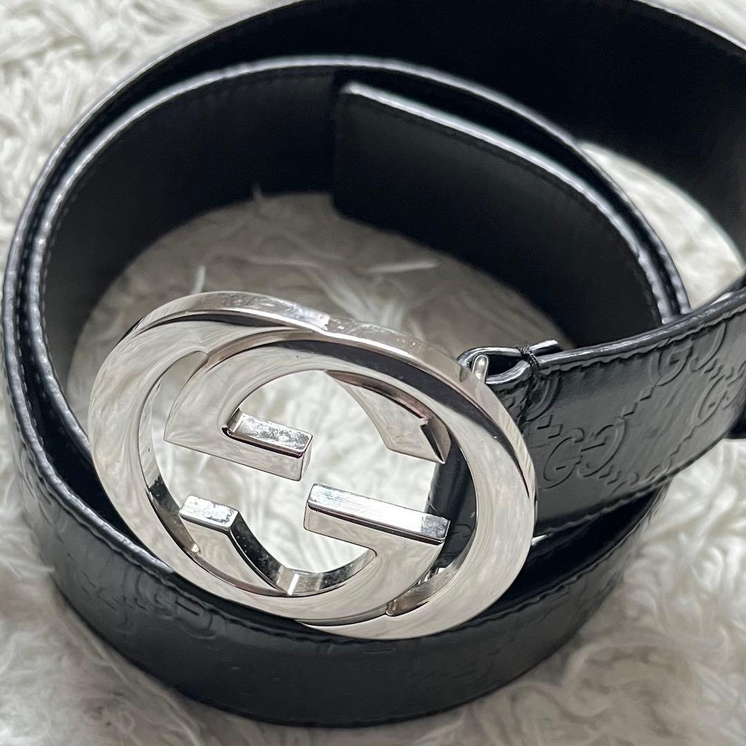 美品　GUCCI シマ GGバックル レザー ベルト 95/38 114984