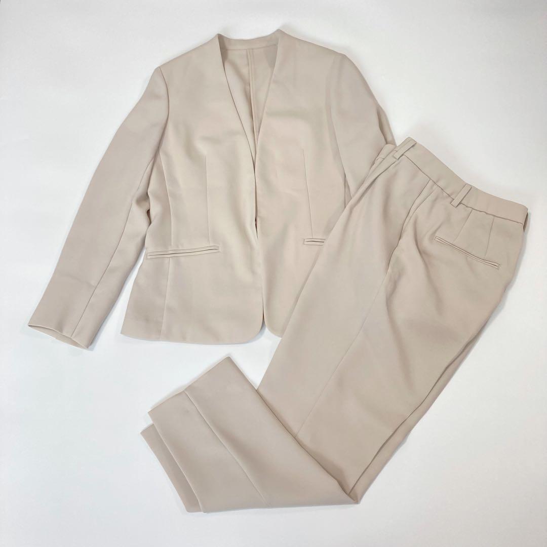【洗える】PLST パンツ セットアップスーツ ノーカラー 美品 M ベージュ