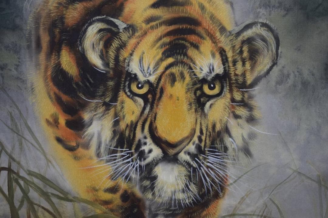 真作/堀江玉鳳/猛虎図/桐共箱二重箱付/布袋屋掛軸HE-281 堀江玉鳳 猛虎 絹本 掛軸 共箱（師：玉置頼石）Gyokuho Horie|サムライ