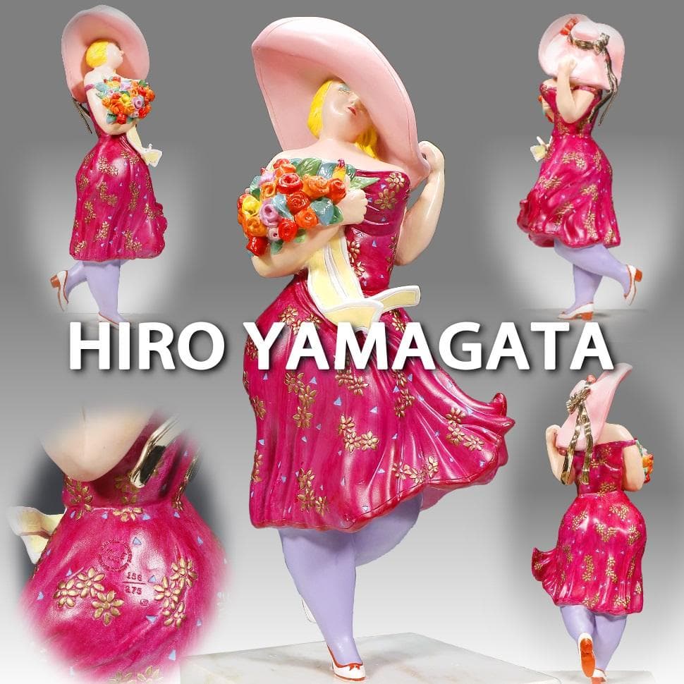 ★超レア！ヒロ・ヤマガタ ブロンズ彫刻『春風』薔薇の花束とパリジェンヌ