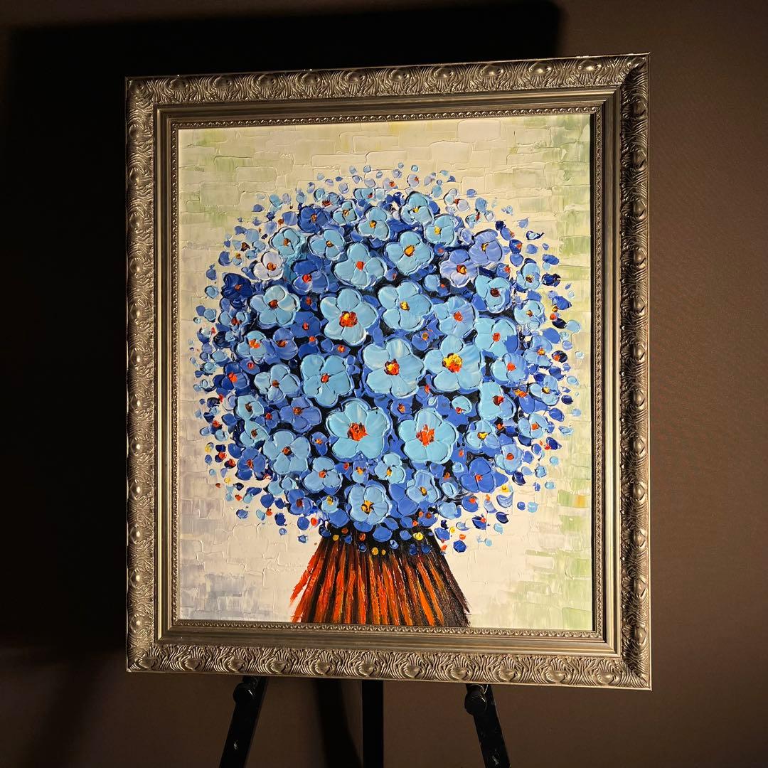 ★秀作★ 手書き油絵 ブルーフラワー 肉筆絵画 額付き インテリア 油彩画