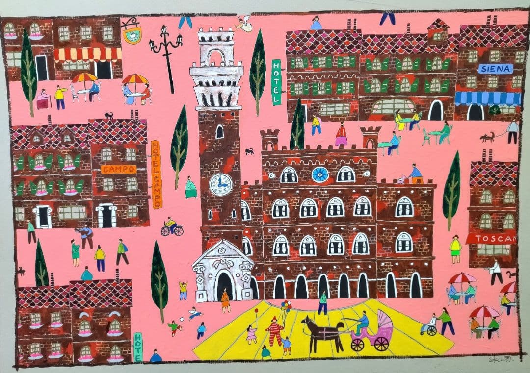 水彩画原画　シエナのカンポ広場