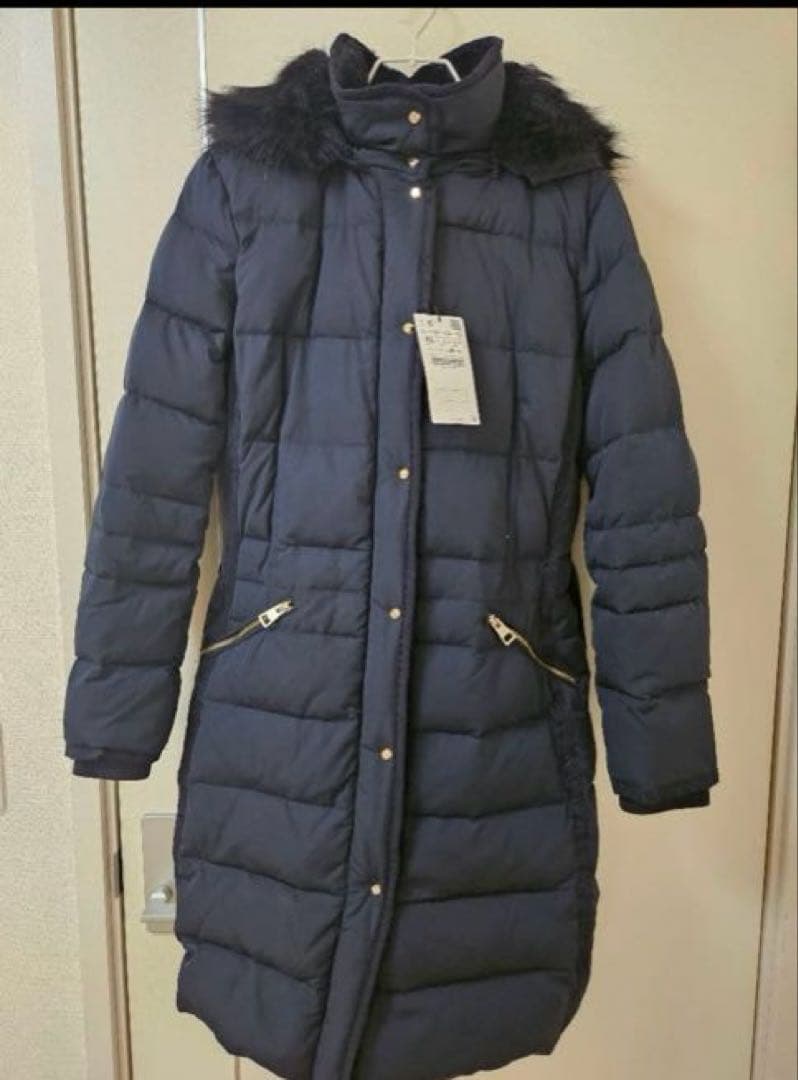 ネイビー フード付き ロングダウンジャケット