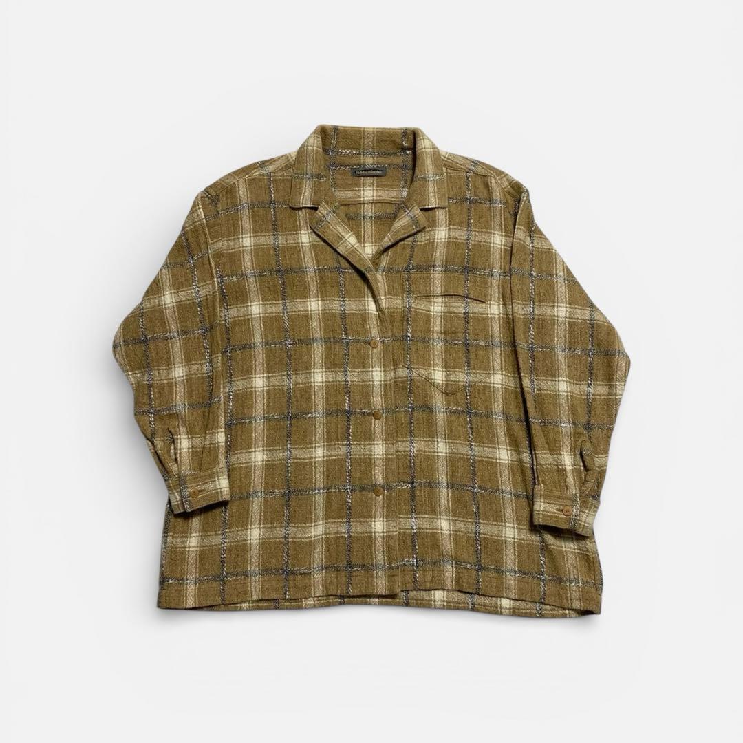 80s 筆タグ　イッセイミヤケ　長袖開襟シャツ　粗織りウールキャンバス　ベージュ