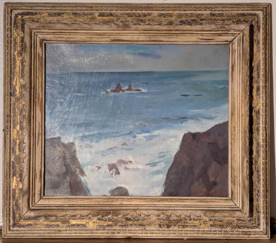 【真作】絵画　油彩8号　岩礁に打ち寄せる波　荒波と岩場の海風景　Y180 海に浮かぶ朝日と岩礁 | joan takahashi ｜インテリア絵画 アートの