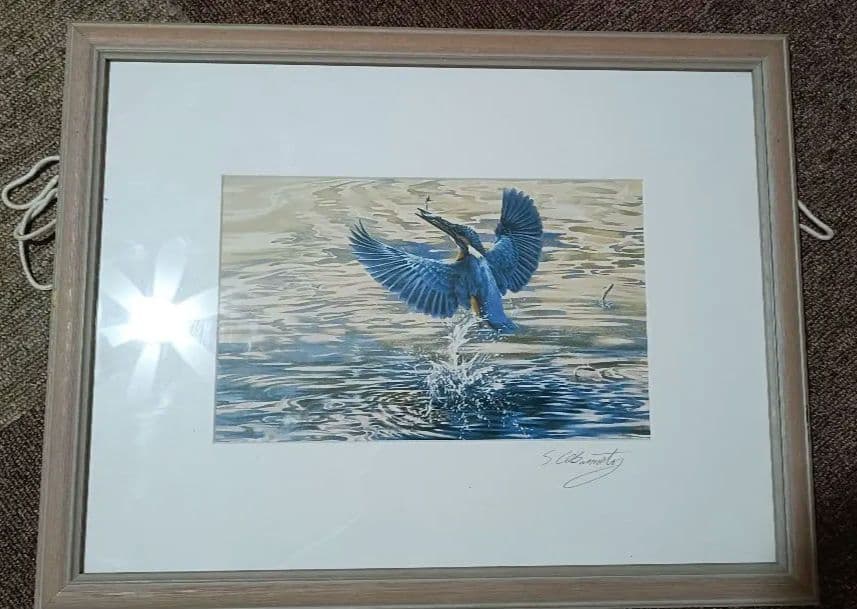 S.Okamoto カワセミハンティング 水彩画？ 版画？ S.Okamoto カワセミハンティング 水彩画？ 版画？ S.Okamoto カワセミ