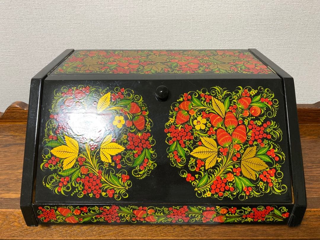 ロシア雑貨☆伝統工芸ホフロマ塗り収納ケース木製箱bread boxマトリョーシカ