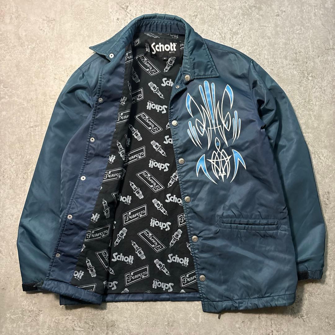 schott ナイロンコーチジャケット バックプリント ピンスト ネイビー M