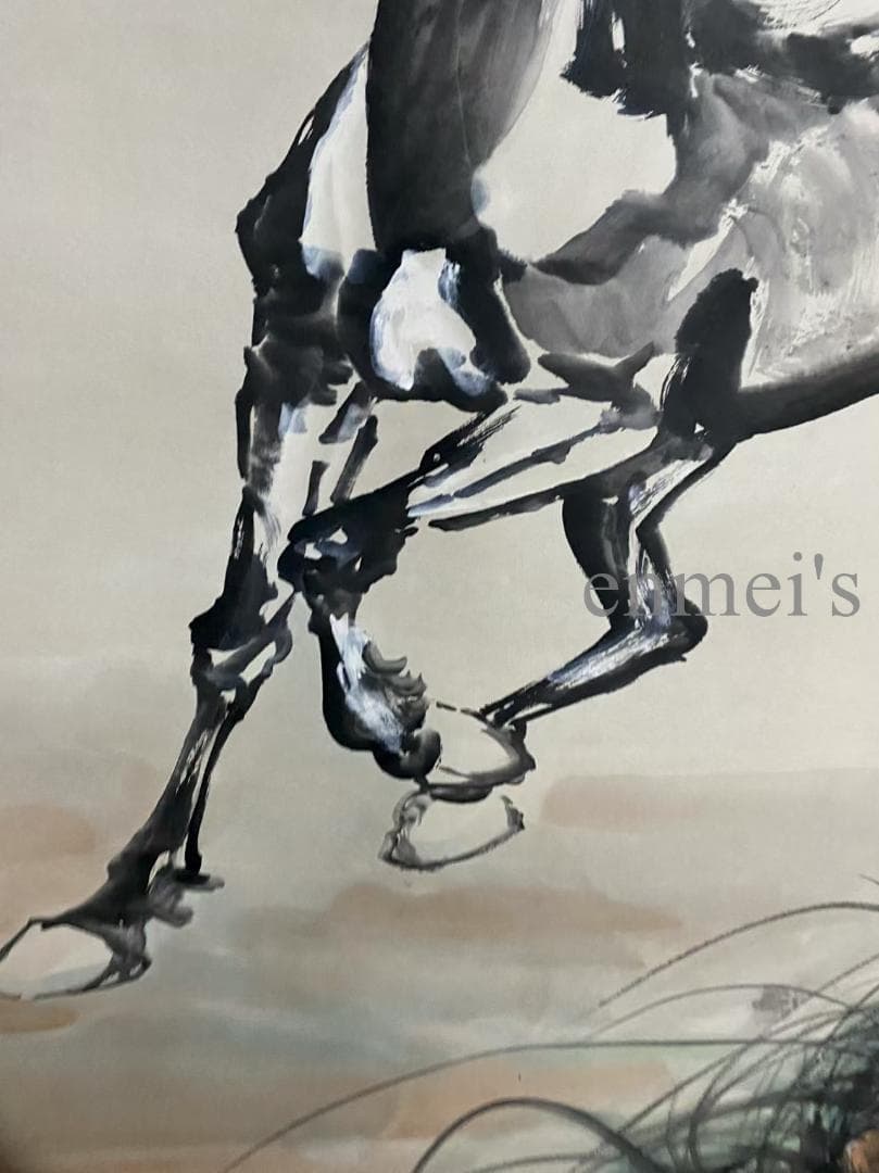 中国古美術 近代 徐悲鴻印款 駿馬画 水墨画 掛軸 宣紙 文房置物 純