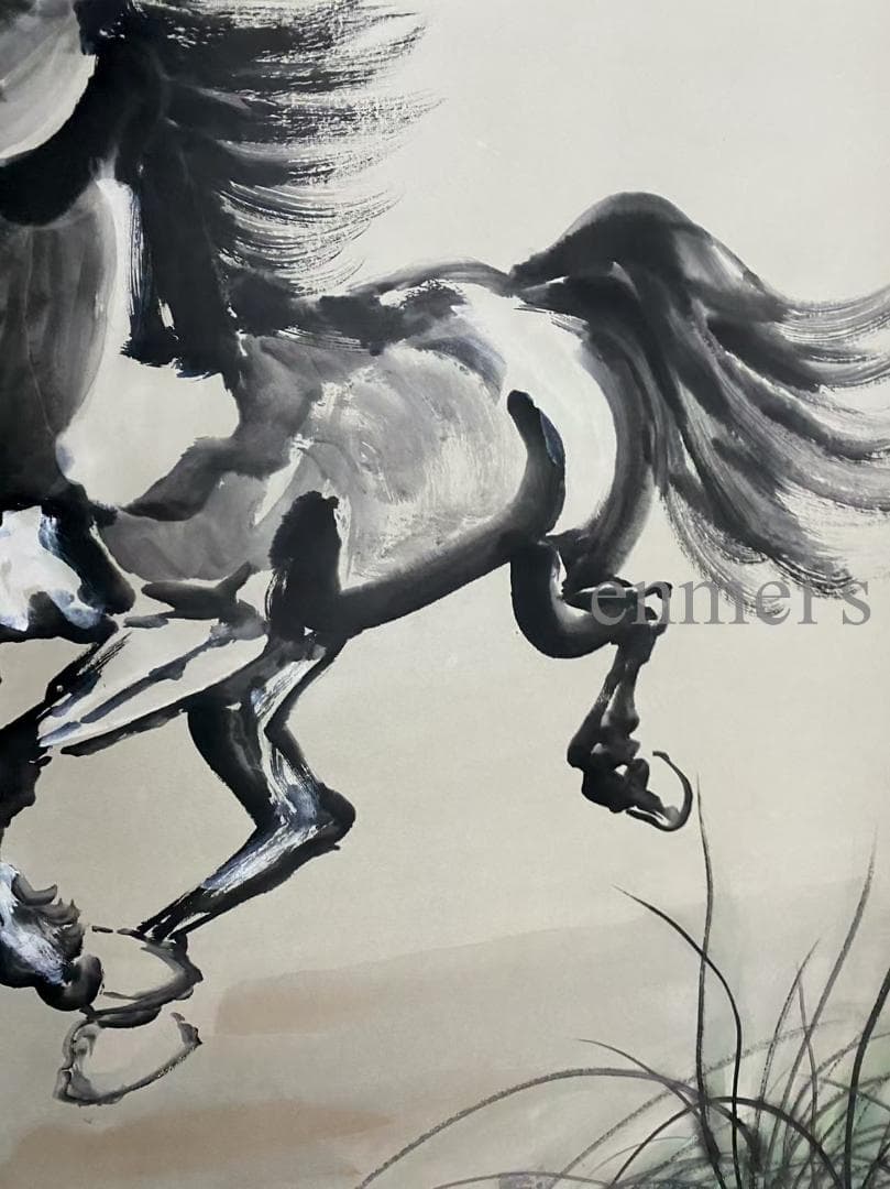 中国古美術 近代 徐悲鴻印款 駿馬画 水墨画 掛軸 宣紙 文房置物 純