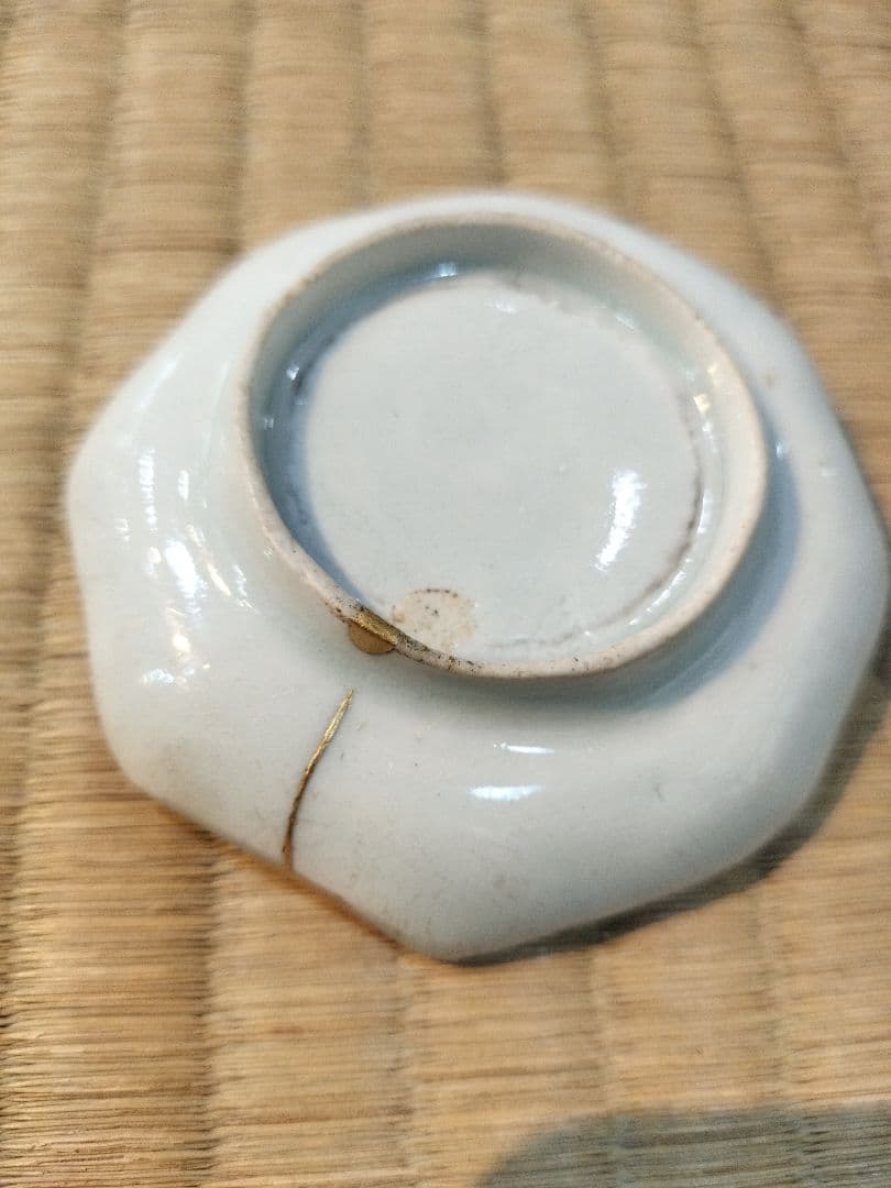 お値下げしました、古伊万里 型紙摺印判 八角豆皿 5枚組 金直し有