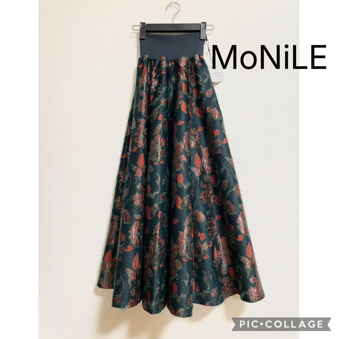 【新品】モニーレ フラワー ジャガード ウエストリブ フレアスカート 深緑 花柄