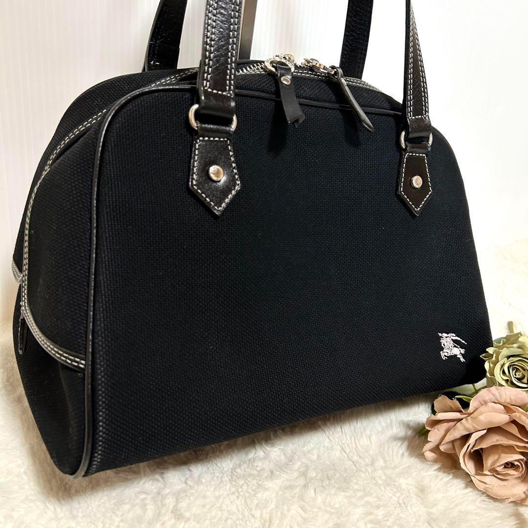 バーバリーブルーレーベル ミニボストンバッグ ホースロゴ刺繍 ハンドバッグ 黒