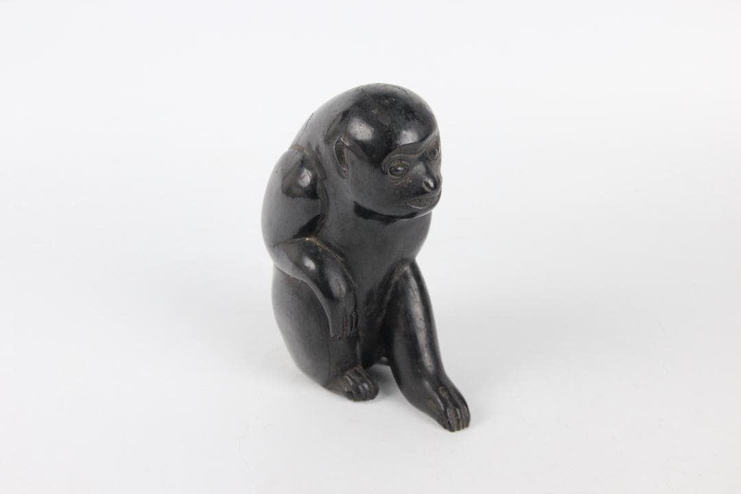 室町時代 木彫 猿置物 黒檀　硬木 在銘有 花押付　日本彫刻 FF01-01