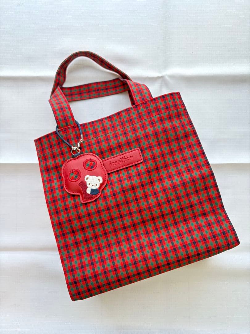 【現行品】ファミリア　チェック柄トート 赤 小