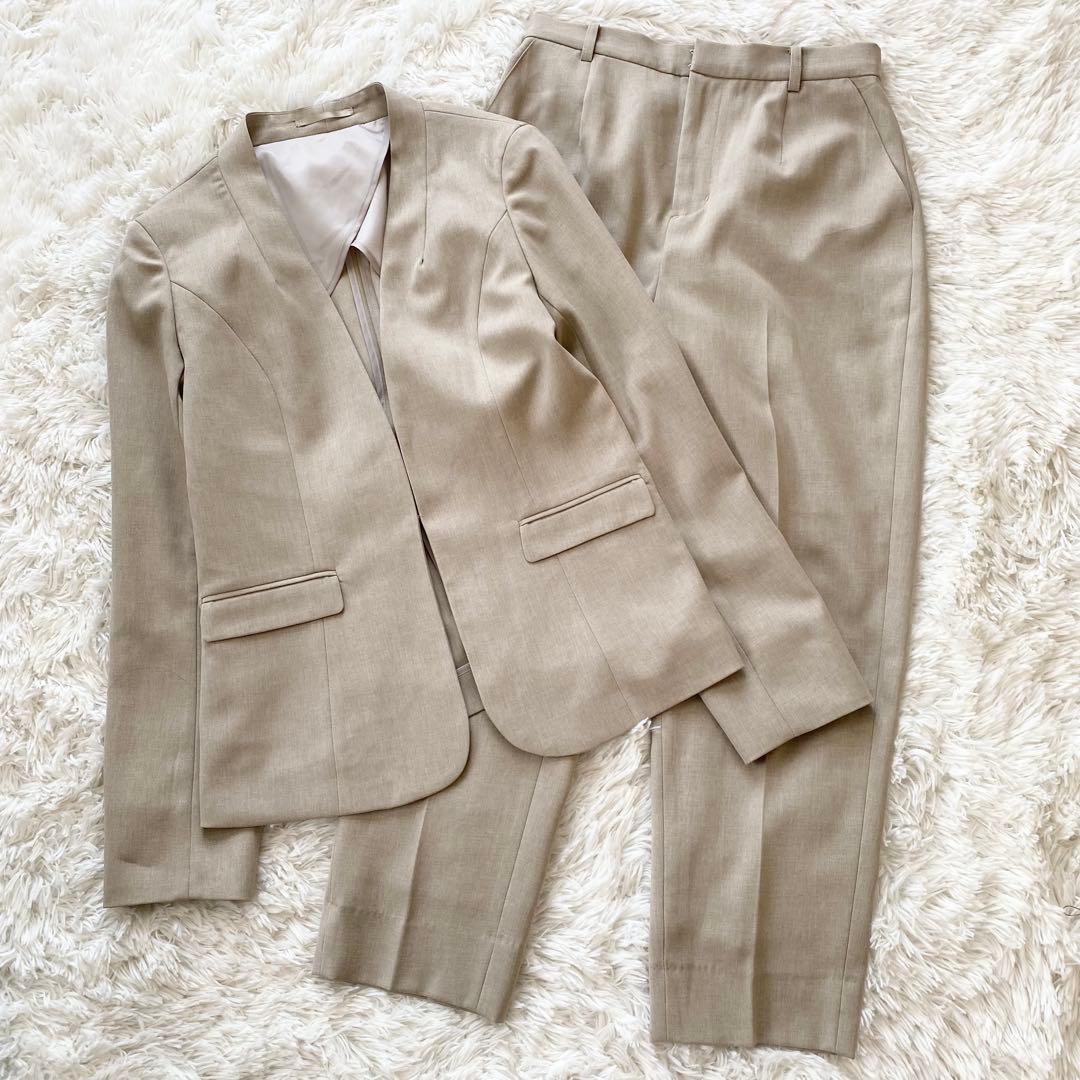 【美品】スーツセレクト 自宅で洗える セットアップ ノーカラー パンツ ベージュ