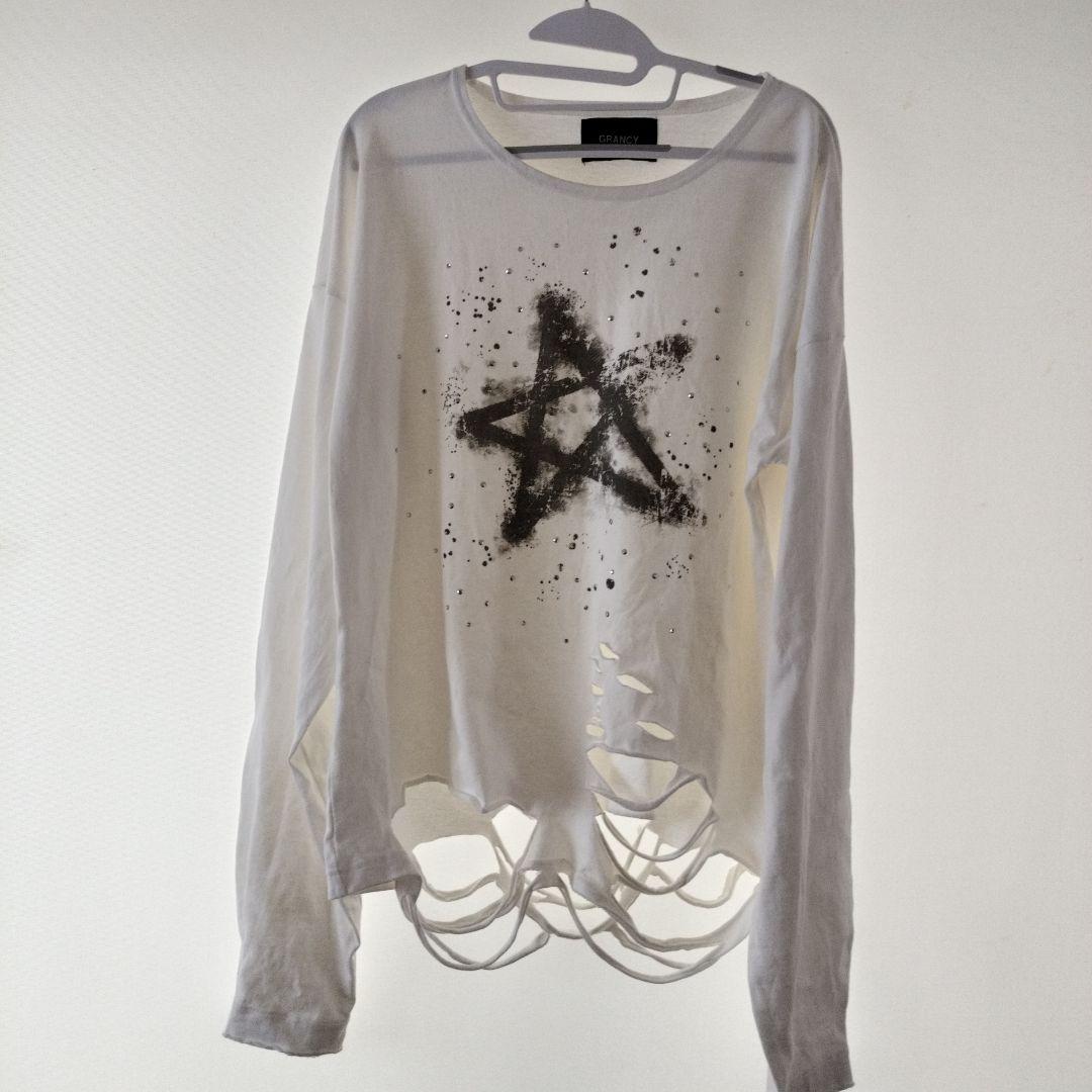 GRANCY】ラインストーンデザイン グラフィックダメージTシャツ (L)