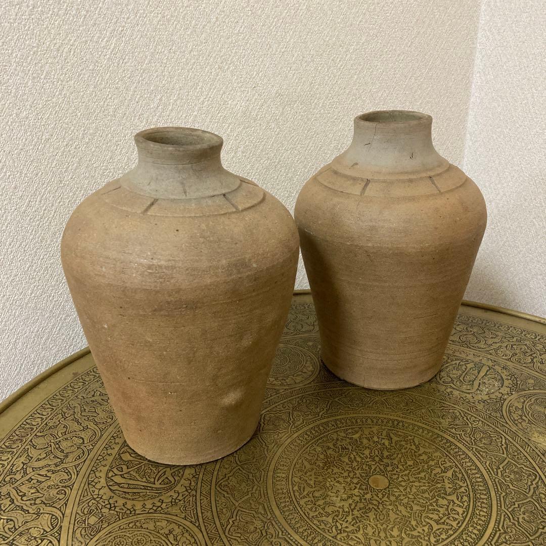 珍品　古壺2点〈検 須恵器　朝鮮　李朝　渥美壺　三筋壺　古越前　古常滑　古備前