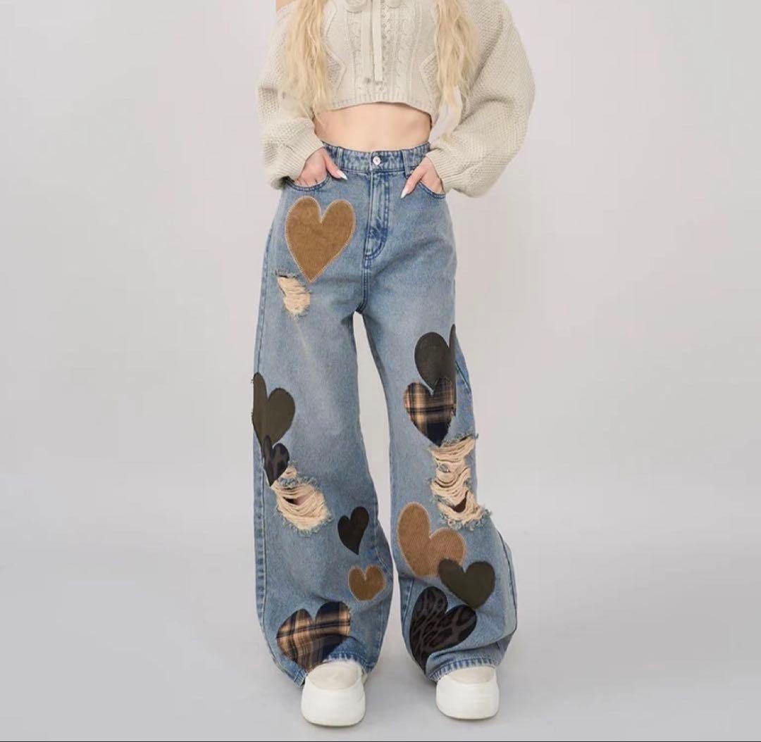 ダーリッチランダムハートパッチワークデニムパンツ
