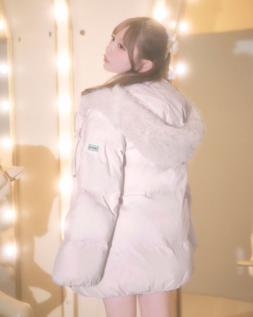 ミシェルマカロン ファーフードリボンダウンコート ピンク